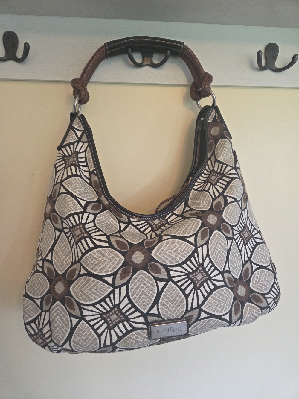 Nine West Brown, Cream and Black Floral Geometric Hobo Shoulder Bag